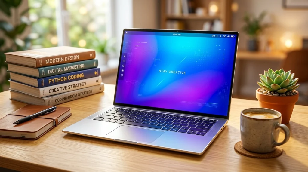 Glowing laptop with vibrant blue wallpaper on study desk with books and notebook, ideal setup for students in Pakistan