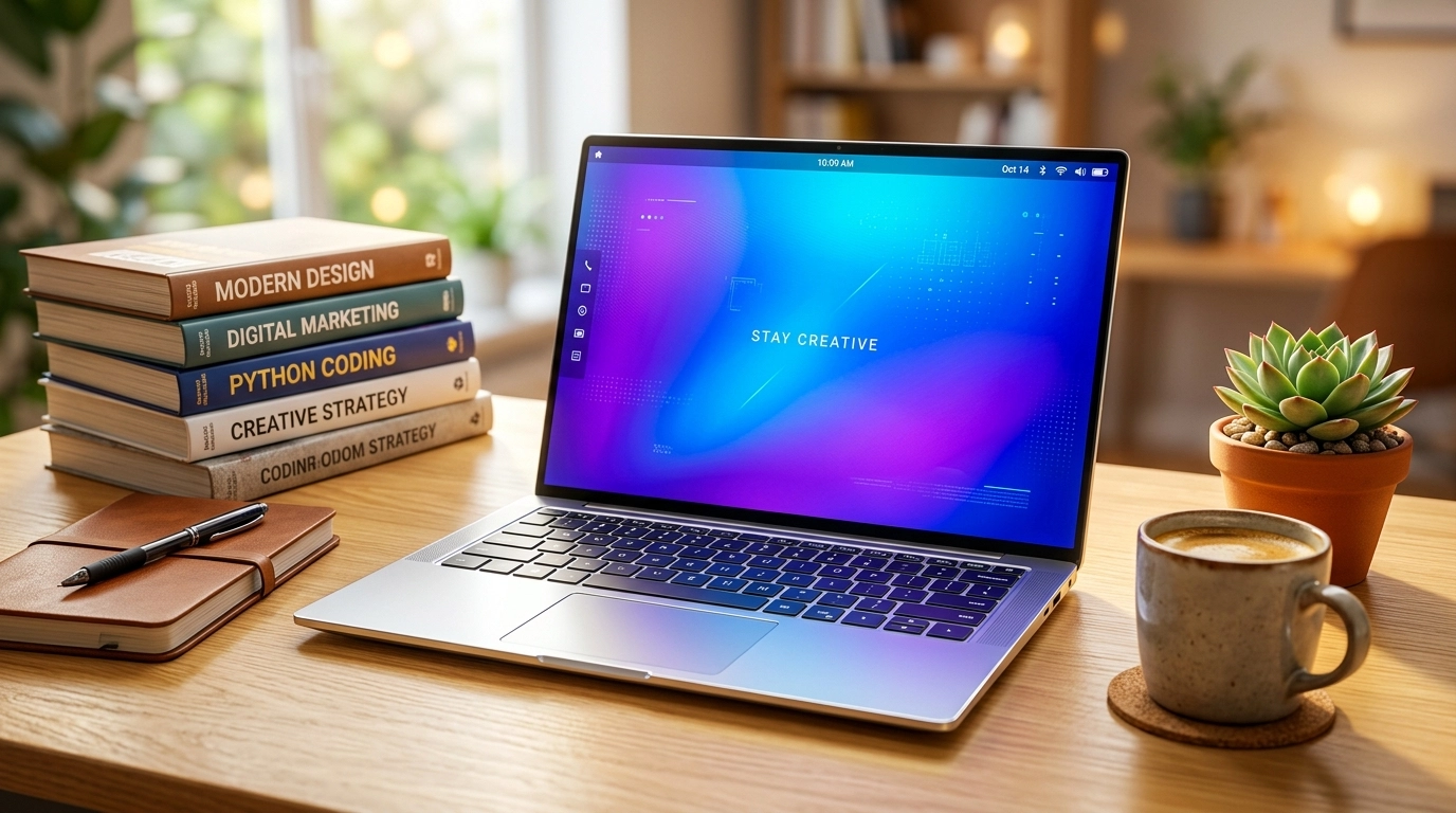 Glowing laptop with vibrant blue wallpaper on study desk with books and notebook, ideal setup for students in Pakistan
